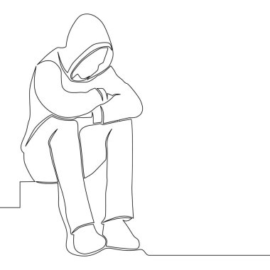 Continuous line drawing sad man alone concept clipart