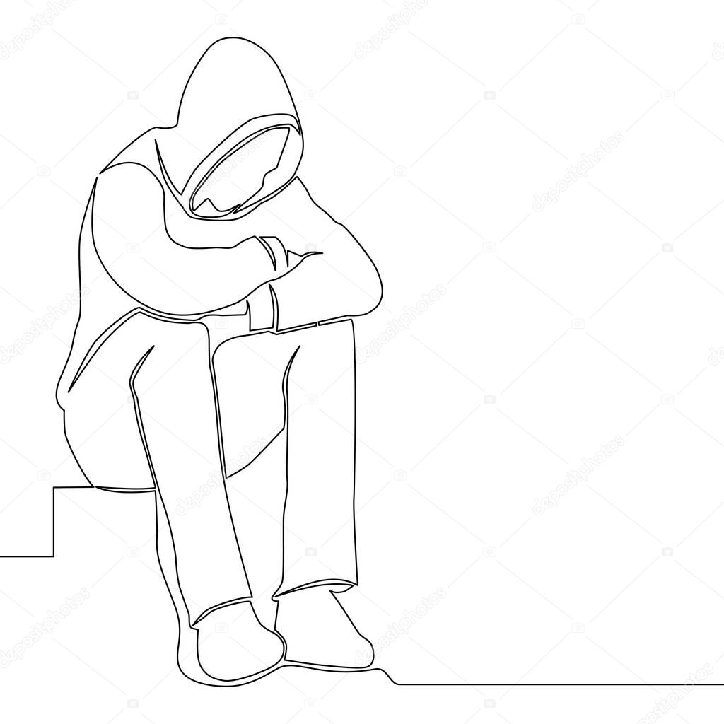 Continuous line drawing sad man alone concept