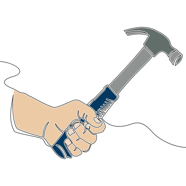 Flat Colorful Continuous Drawing Line Art Hand Holding Hammer Repairman — Stock Vector