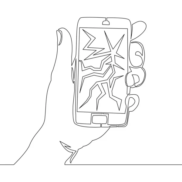 Kontinuální Jeden Řádek Kreslení Smartphone Rozbité Popraskané Ikony Obrazovky Vektorové — Stockový vektor