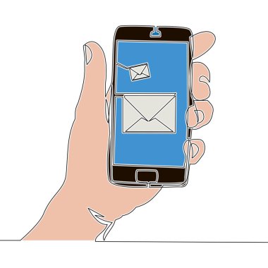 Düz sürekli çizim çizim çizimi, yeni mesaj ikonu vektör illüstrasyon kavramına sahip akıllı telefon.