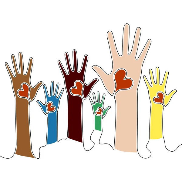Единение Многообразии Добровольцы Подняли Руки Сердцем Иконка Векторной Иллюстрации Концепции — стоковый вектор