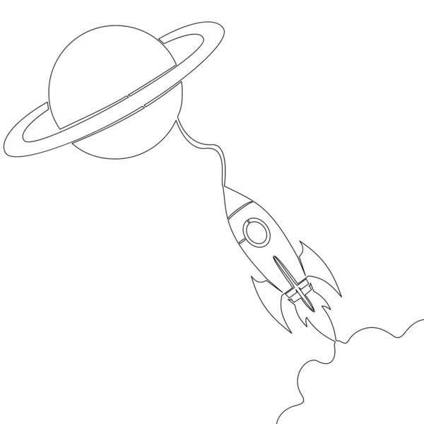Continuous Une Seule Ligne Dessin Vaisseau Spatial Conquête Espace Rocket — Image vectorielle