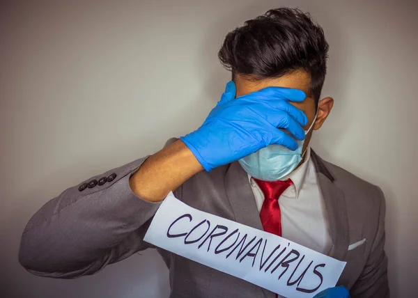 business man face up to coronavirus with head ache