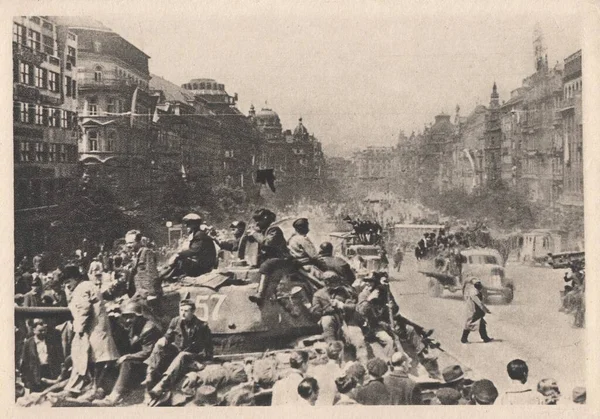 Liberation Wenceslas Square Prague Citizens Meet Winners Postcard Czech Republic — Stock Photo, Image