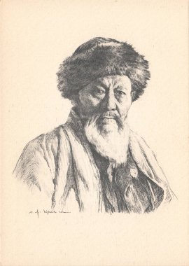 SSCB - CIRCA 1947: Jambul Jabayev 'in Portresi (Zhambyl Zhabayev) - Kazak Sovyet şair-akyn, ressam Yar-Kravchenko' nun çizimi, Sovyetler Birliği kartpostalı