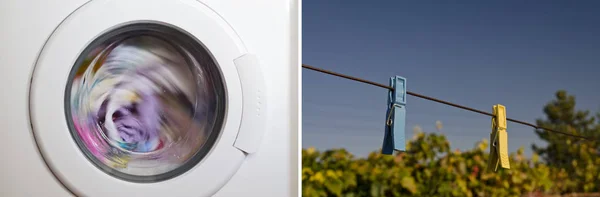 Collage Van Wasmachine Deur Met Roterende Kleding Binnen — Stockfoto