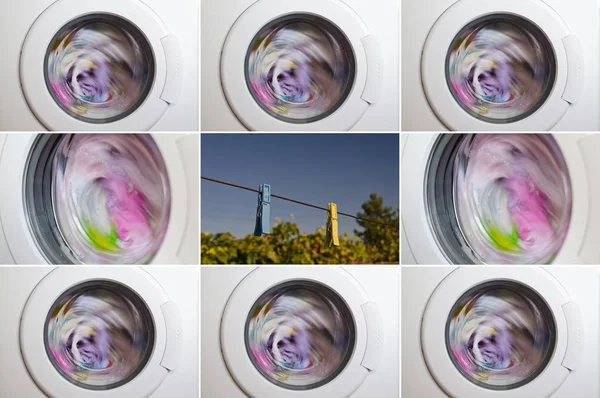 Collage Van Wasmachine Deur Met Roterende Kleding Binnen — Stockfoto