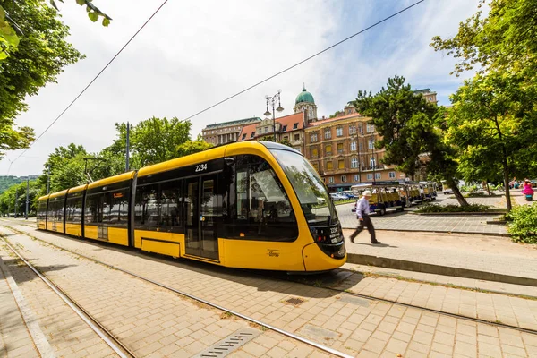 Редакція Modern Budapest Tram with dome of Buda Castle in the — стокове фото