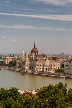 Budapeşte Macaristan 'daki Tuna Nehri, parlamento binası ve ağaçlar.