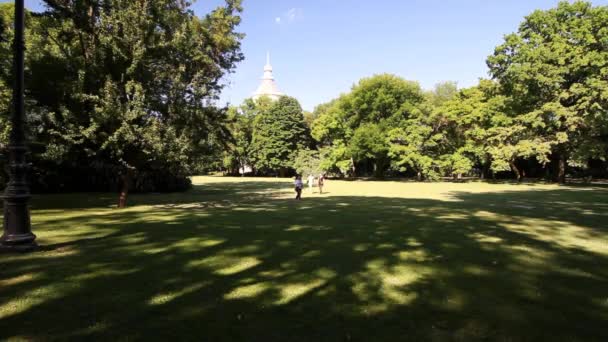 Budapest Water Tower Margaret Island Distance People Walking July 2019 — Stock Video