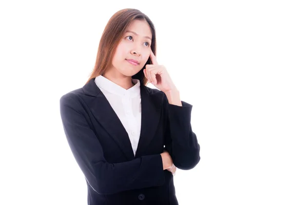 Asiatiska affärskvinna tänker på vit bakgrund. — Stockfoto