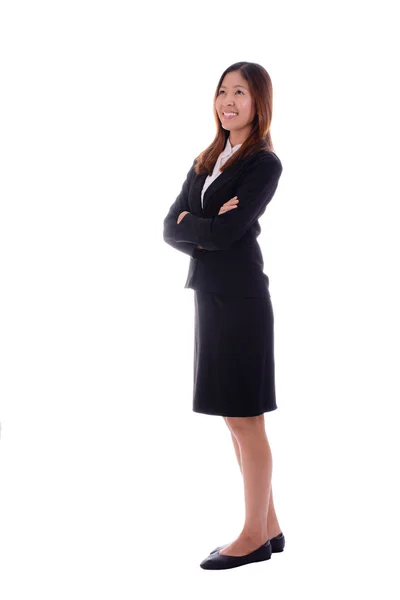 Feliz mujer de negocios está sonriendo y pensando en fondo blanco . — Foto de Stock