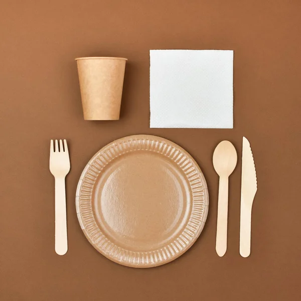 Zero waste, environmentally friendly, disposable, cardboard, wooden utensils. — Stockfoto