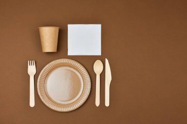 Zero waste, environmentally friendly, disposable paper utensils. View from above.