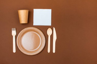 Zero waste, environmentally friendly, disposable paper utensils. View from above.