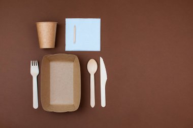 Zero waste, environmentally friendly, disposable paper utensils. View from above.