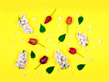 Sarı arka planda kırmızı laleler ve beyaz leylak. Yukarıdan bak. Kartpostallar için boş.