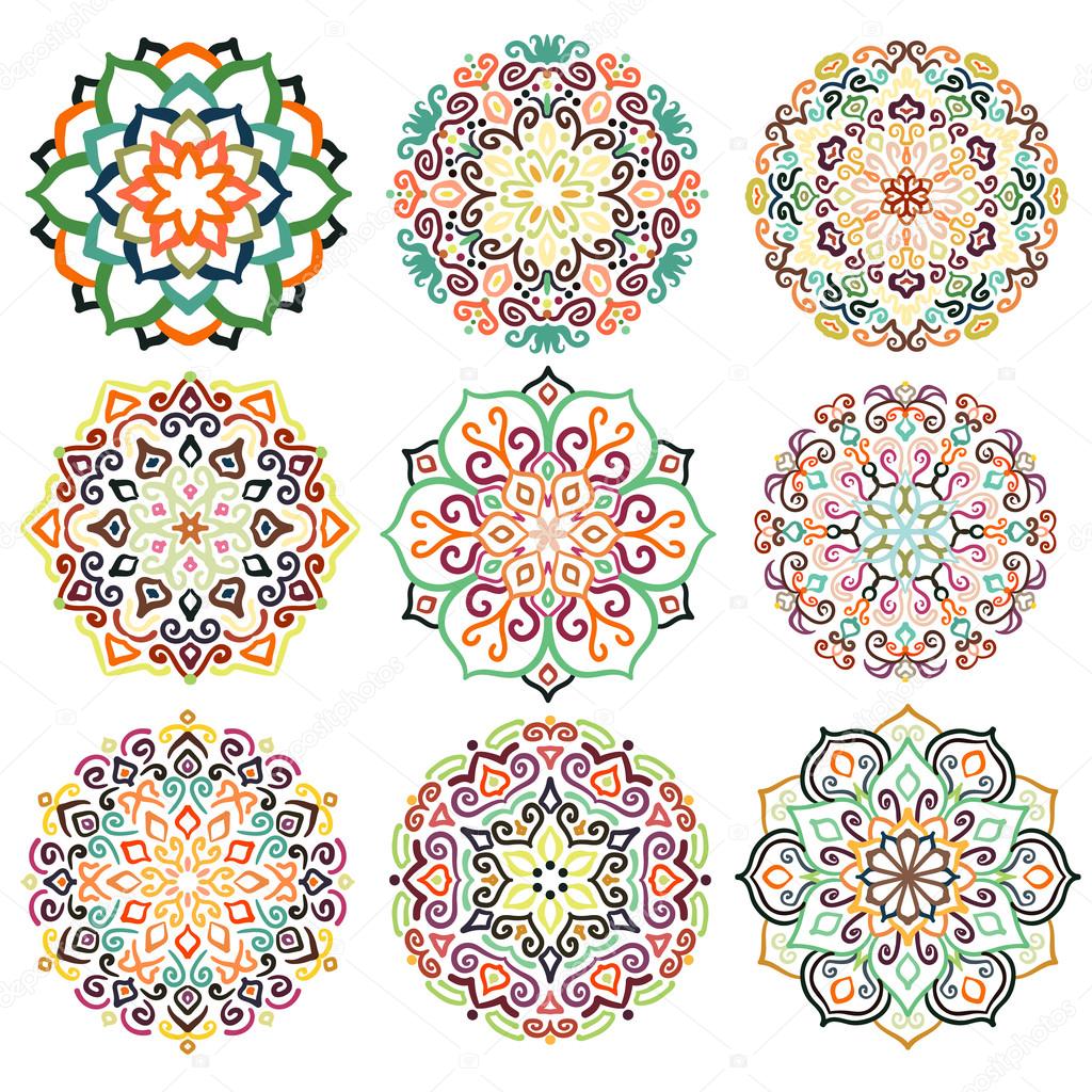 Flower design. Decorative round ornaments. Colorful mandala set. Boho decoration. Unusual flourish embellishments. Oriental boho style. Isolated floral patterns. Hand-drawn vector elements.