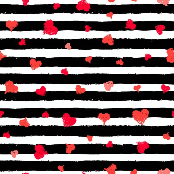Stripe vzor černá a bílá s malovanými srdce — Stockový vektor
