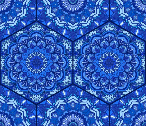 Blaue Fliese Hex Muster Blume Mandala — Stockvektor