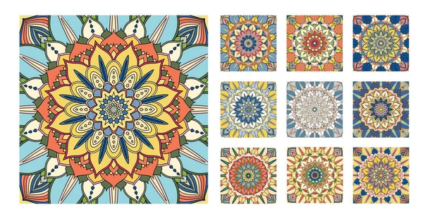 FLower Pattern Tile Blue Yellow Orange Ornament — Stock Vector