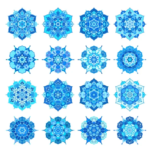 Blue Snowflake Flower Mandalas — Stock Vector