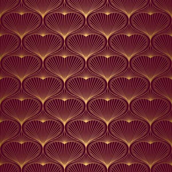 Art Deco Mönster från hjärtat. Sömlös guld och röd bakgrund — Stock vektor