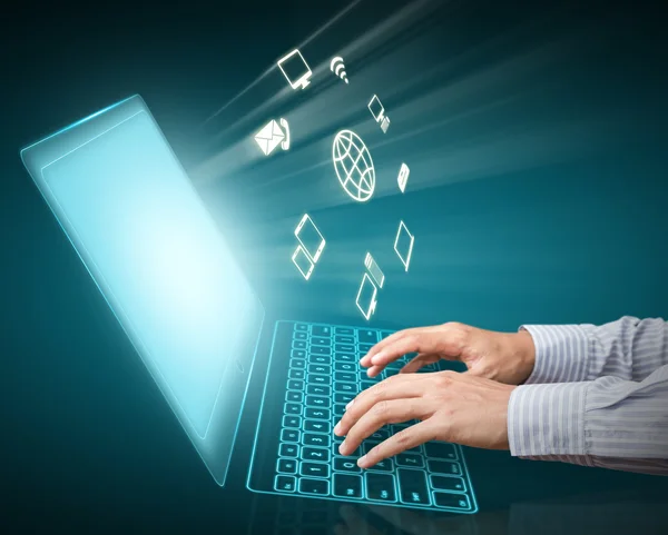 Computer technology with social network icon — Stock Photo, Image