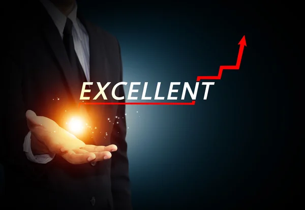 Hand hält einen aufsteigenden Pfeil, der das Wirtschaftswachstum repräsentiert — Stockbild Hand hält einen aufsteigenden Pfeil, der das Wirtschaftswachstum repräsentiert — Stockfoto