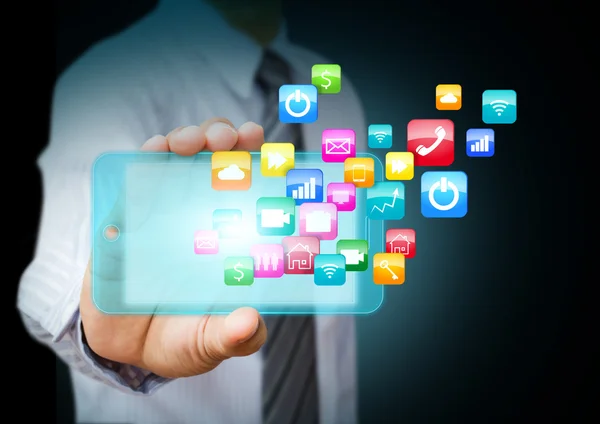 Telefone inteligente com nuvem de ícones de aplicativos coloridos — Fotografia de Stock