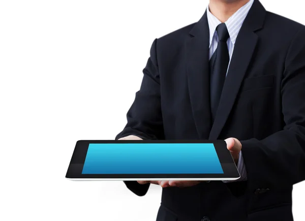 Handen met een tablet touch computer gadget met geïsoleerde achtergrond — Stockfoto
