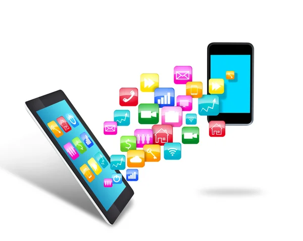 Tableta de pantalla táctil con nube de iconos de aplicaciones coloridas — Foto de Stock