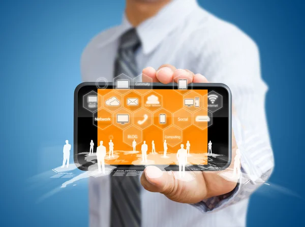 Touchscreen mobiele telefoon met zakenmensen — Stockfoto