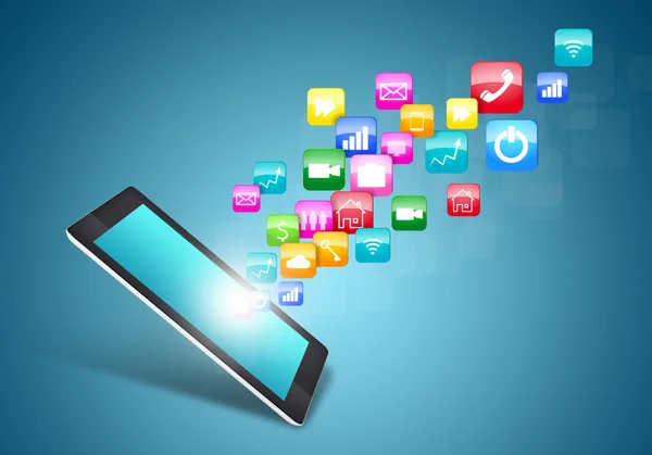 Touch screen tablet with cloud of colorful application icons — Stock Photo, Image