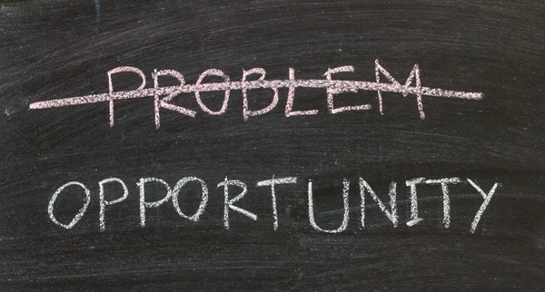 problems crossed out and opportunity on blackboard