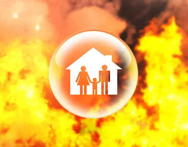 Family and house in crystal ball on fire — Stock Photo, Image