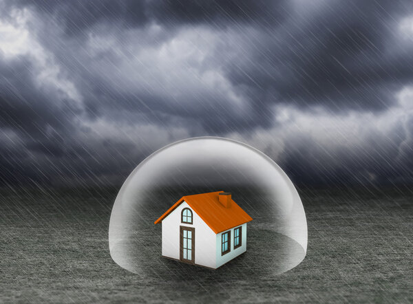 shield covering home under rain, insurance concept