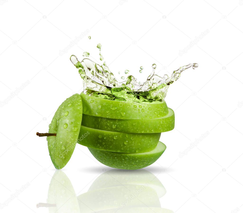 Green apple juice splashing with its fruits isolated