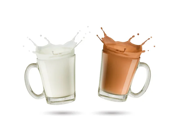 Salpicaduras de leche y leche de chocolate en vidrio sobre fondo blanco — Foto de Stock