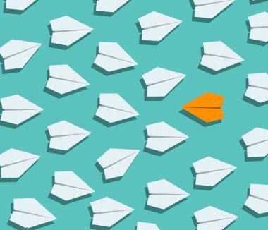 Farklı bir yönde giden sarı kağıt uçak farklı konseptiyle olmak