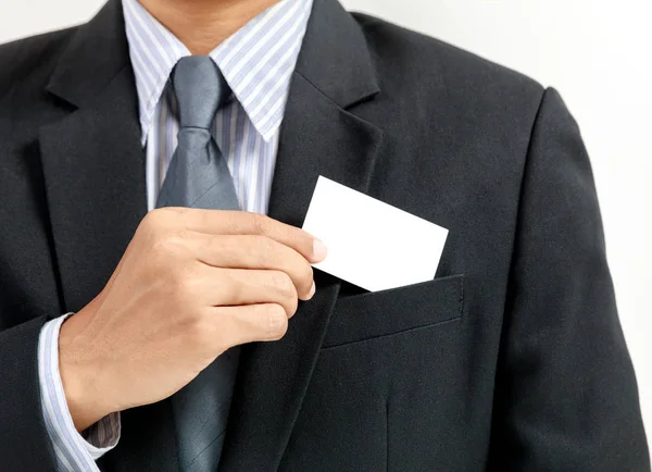 Üzletember találat fehér üres kártya — Stock Fotó