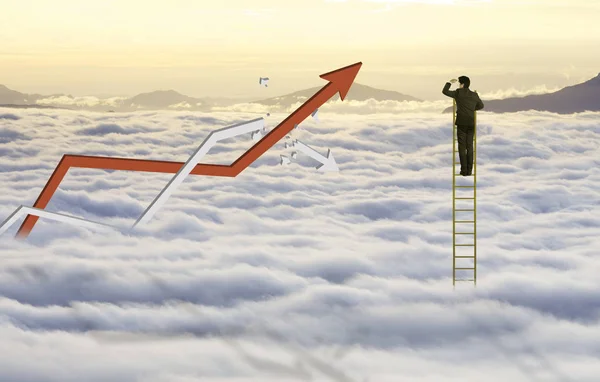 Geschäftsmann erklimmt Leiter, um Himmel und Wolke mit zunehmendem Graphen und gebrochenem Fail Graphen zu erreichen, erfolgreich — Stockfoto