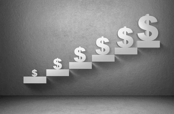Dollar-Geld-Zeichen von klein bis groß auf der Treppe auf grauem Hintergrund, Geschäftskonzept — Stockfoto