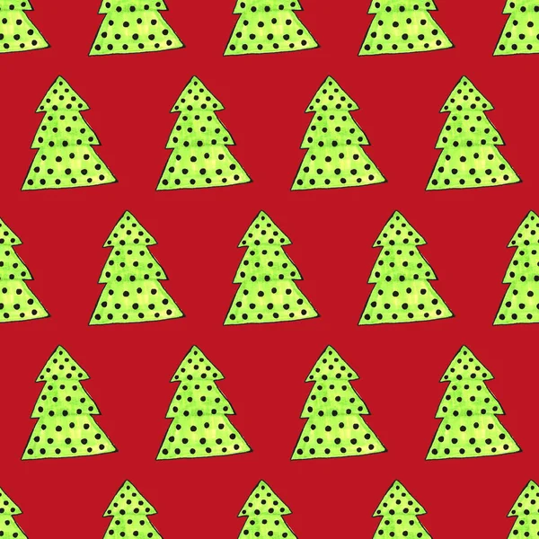 Acquerello decorato albero di Natale modello senza soluzione di continuità. Piante sempreverdi disegnate a mano, palle. Sfondo in abete rosso per design, carte, illustrazione per bambini, carta da regalo — Foto Stock