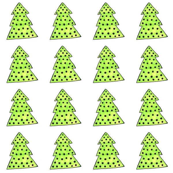Aquarell geschmückter Weihnachtsbaum mit nahtlosem Muster. handgezeichnete immergrüne Pflanzen, Bälle. Fichtenkulisse für Design, Karten, Kinderillustration, Geschenkpapier — Stockfoto