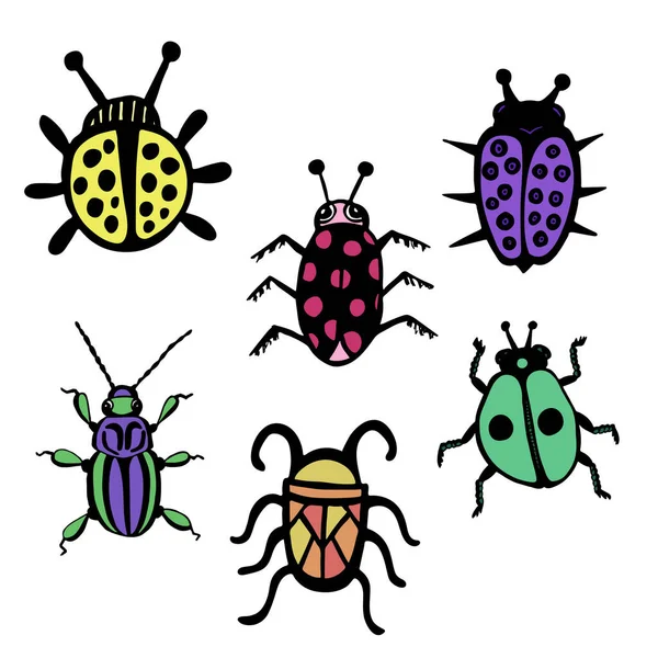 Hand drawn vector beetles set. Black and white insects for design, icons, logo or print. Drawn with dots. — Stock Vector