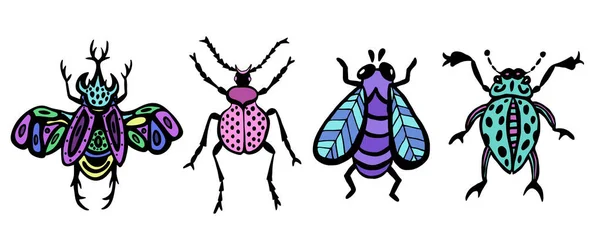 Ručně kreslení vektoroví brouci nastaveni. Černobílý hmyz pro design, ikony, logo nebo tisk. Kresleno tečkami. — Stockový vektor