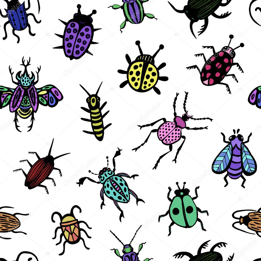 Hand drawn vector beetles set. Black and white insects for design, icons, logo or print. Drawn with dots.