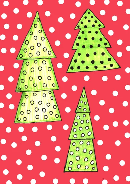 Acuarela decorado conjunto de árboles de Navidad. Plantas perennes dibujadas a mano, bolas. Fondo de abeto para el diseño, tarjetas, ilustración de niños —  Fotos de Stock